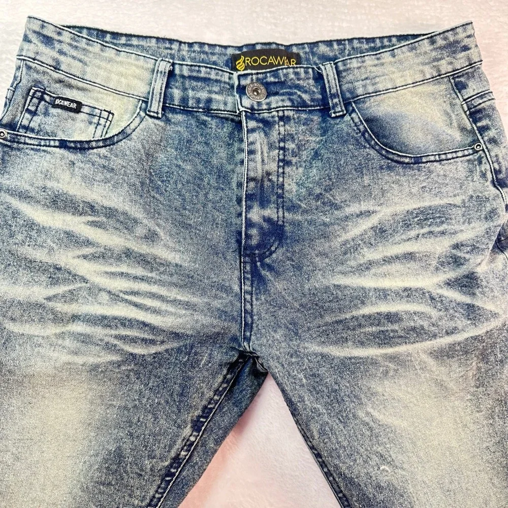 Rocawear Skinny‎ Jeans Mens 34x32 Blue Acid Wash Stretch Denim Streetwear - Picture 3 of 16